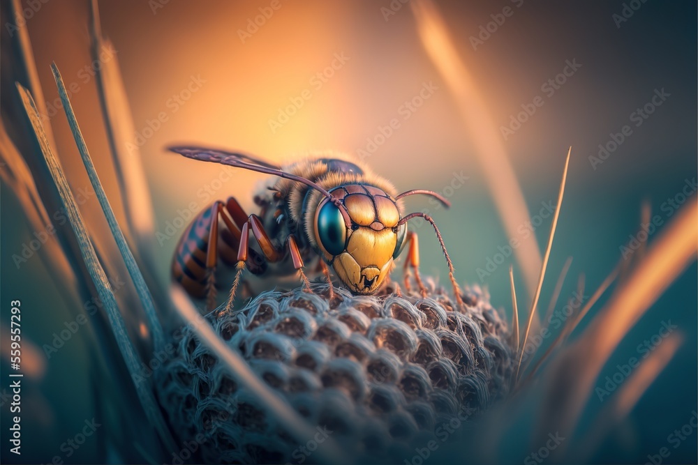 Poster a close up of a bee on a plant with a blurry background of grass and a sky background with a yellow 