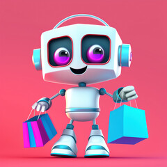 Cute smiling robot holding shopping bags over red background, generative AI illustration