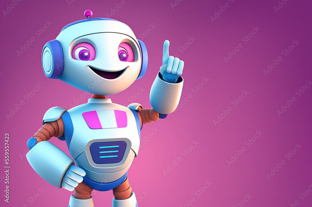 Poster smiling robot standing with raised finger over red background with copy space, generative ai illustr