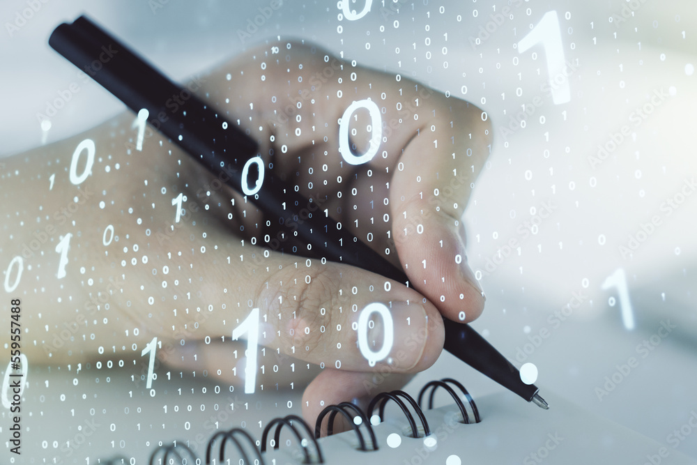 Leinwandbilder double exposure of creative abstract binary code hologram and man hand writing in notebook on backgr