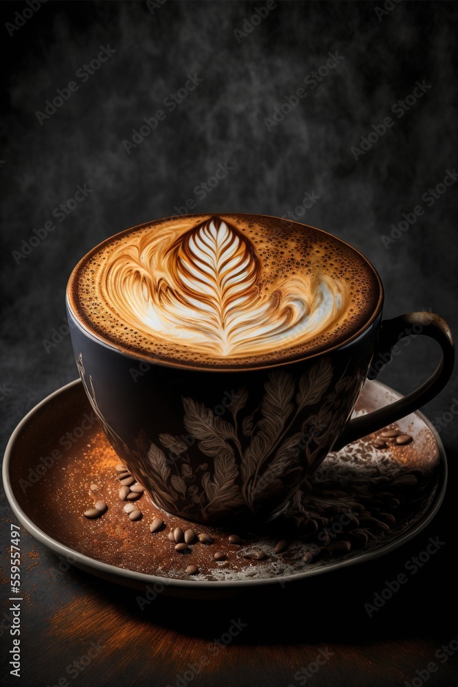 Poster a cup of coffee with a leaf design on it on a saucer on a table with a black background and a black 