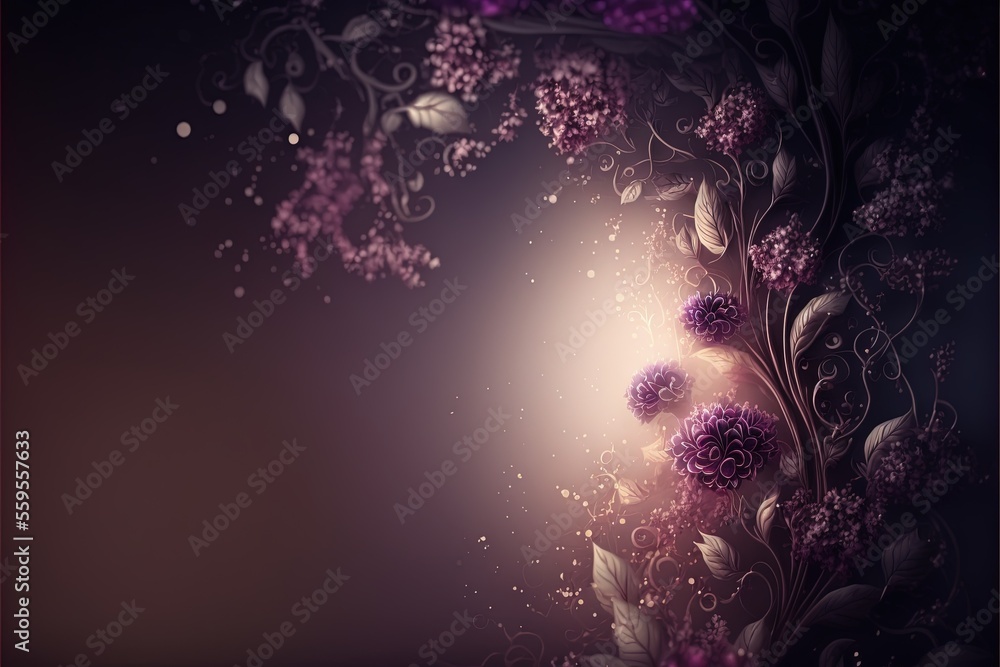 Poster a purple flowered background with a light shining through the center of the image and a purple flowe