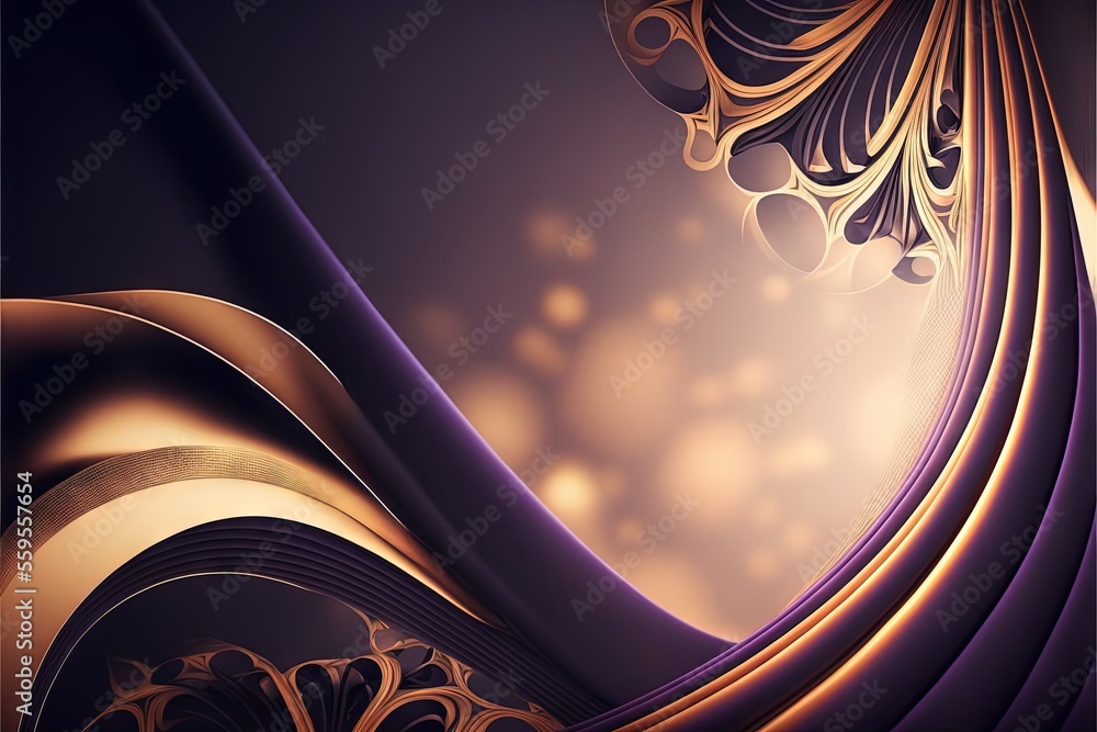 Poster a computer generated image of a purple and gold swirl design with a light background and a gold swir