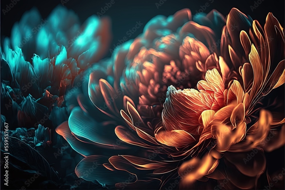 Poster a close up of a flower with a black background and a blue background with a red center and a yellow 