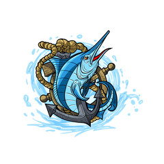 Illustration of a Blue Marlin with a ship's anchor and rudder. Fishing team logo.