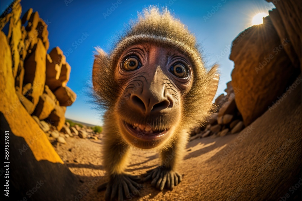 Poster a monkey with a funny look on its face and a rock formation in the background with a blue sky above 