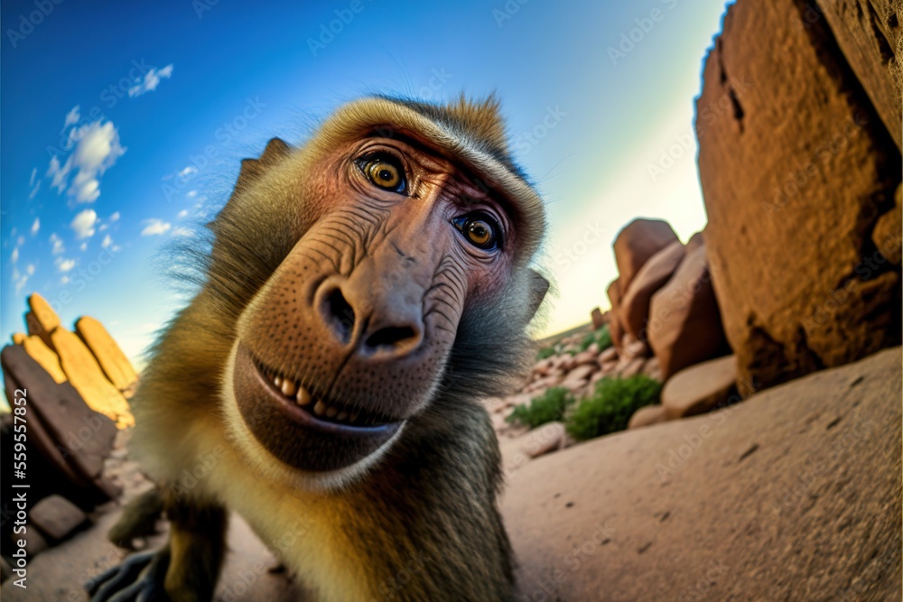 Aufkleber a monkey with a funny look on its face and a rock formation in the background with a blue sky and cl