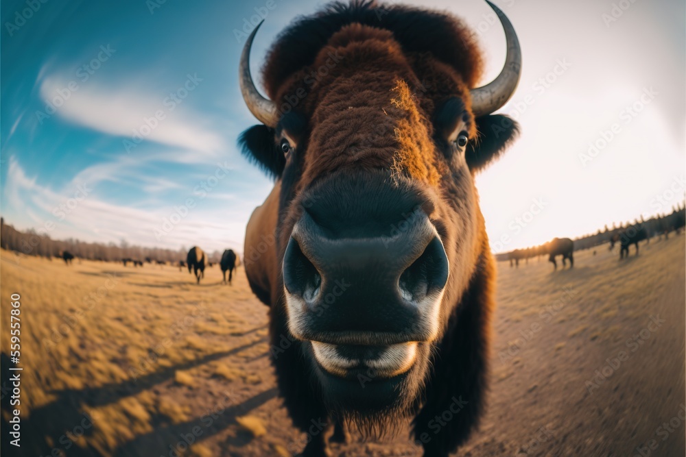 Poster a large buffalo standing in a field with other animals behind it and a sky background with clouds in