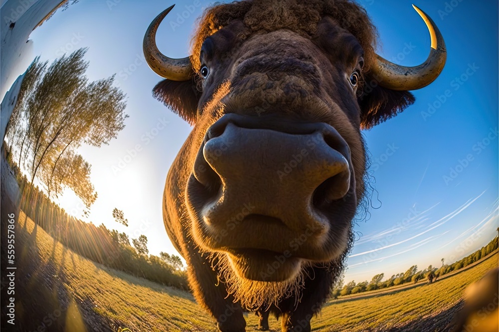Poster a bull with horns standing in a field with trees in the background and a blue sky in the background 