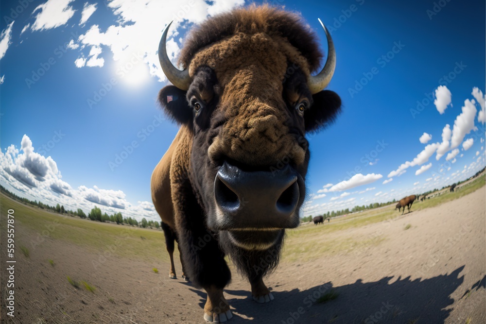 Poster a bison with large horns standing in a field with a sky background and clouds in the background, wit