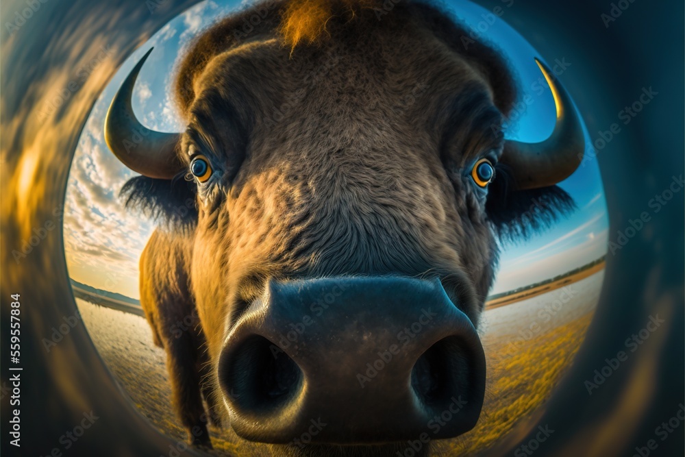 Aufkleber a bull with a large horn is looking into a camera lens with a sky background and clouds in the backg
