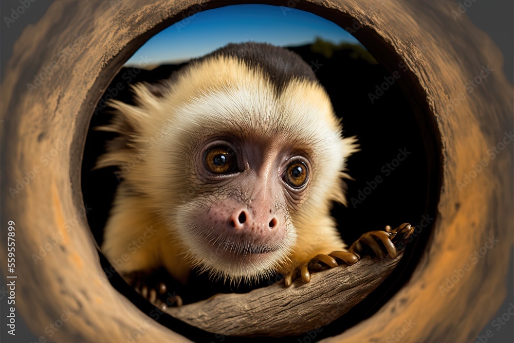 Poster a monkey is looking out of a hole in a tree branch with a sky background and a blue sky in the backg