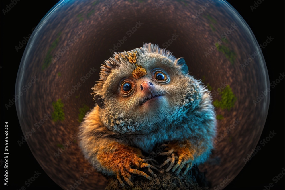Poster a small animal with a weird look on its face and eyes, sitting in a round object with a black backgr