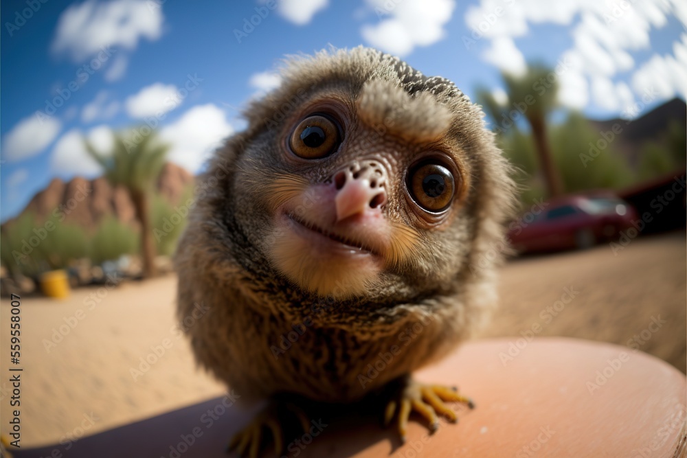 Poster a small monkey sitting on top of a table in the desert with a sky background and clouds in the sky a