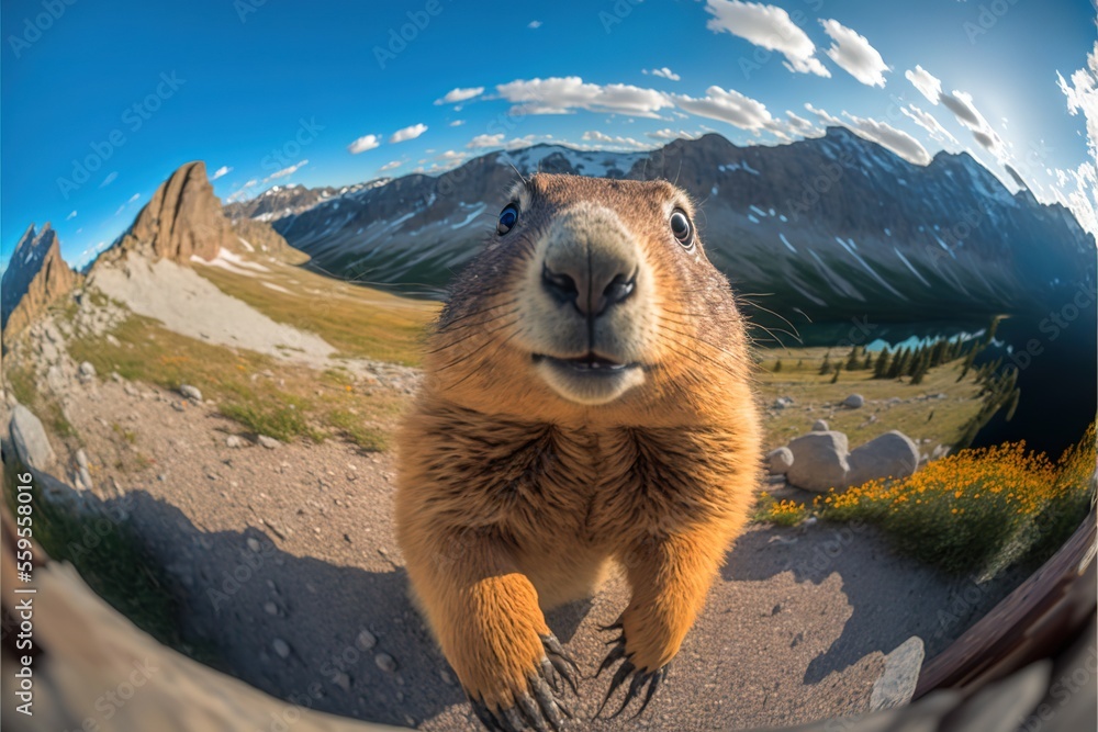 Poster a groundhog is standing on its hind legs and looking up at the camera with a mountain in the backgro