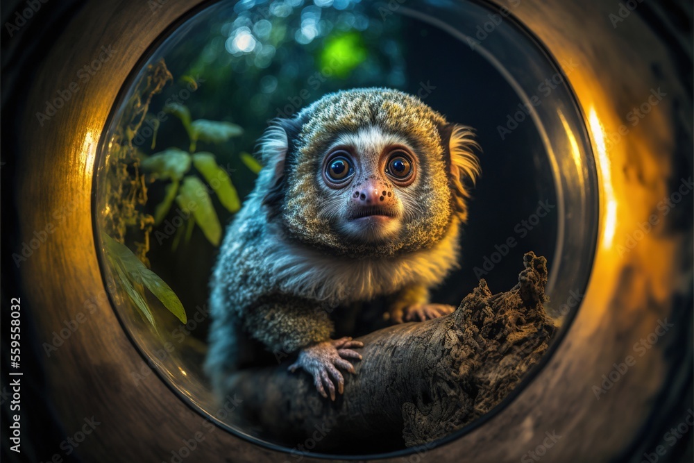 Poster a monkey is sitting on a tree branch looking at the camera through a round window with a reflection 