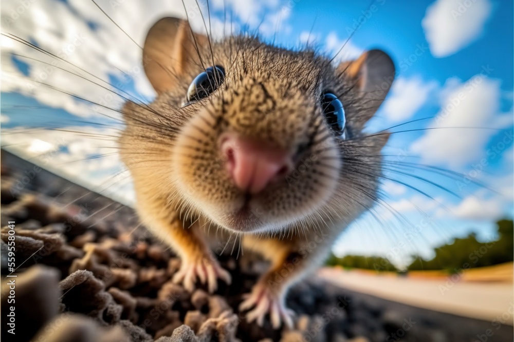 Poster a close up of a rodent on a rock looking at the camera with a blue sky in the background and clouds 