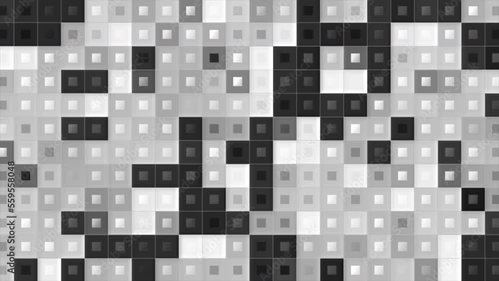 Poster Monochrome squares with dots blink. Motion. Retro style of flashing squares with dots on white background. Game background for transitions with flashing squares