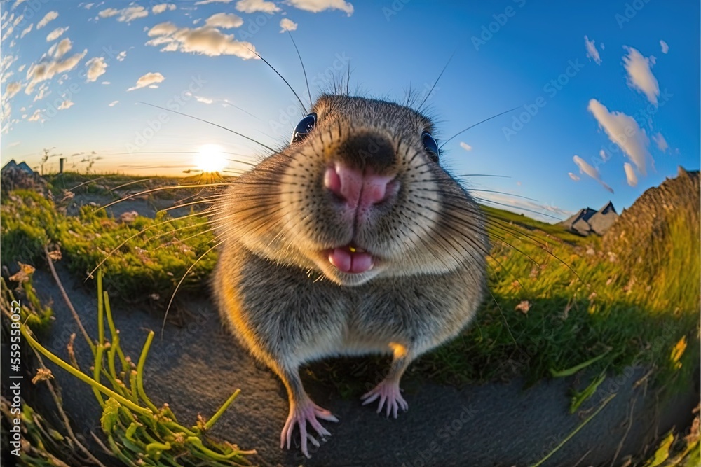 Poster a rodent is standing on a grassy field with its mouth open and tongue out, with the sun in the backg