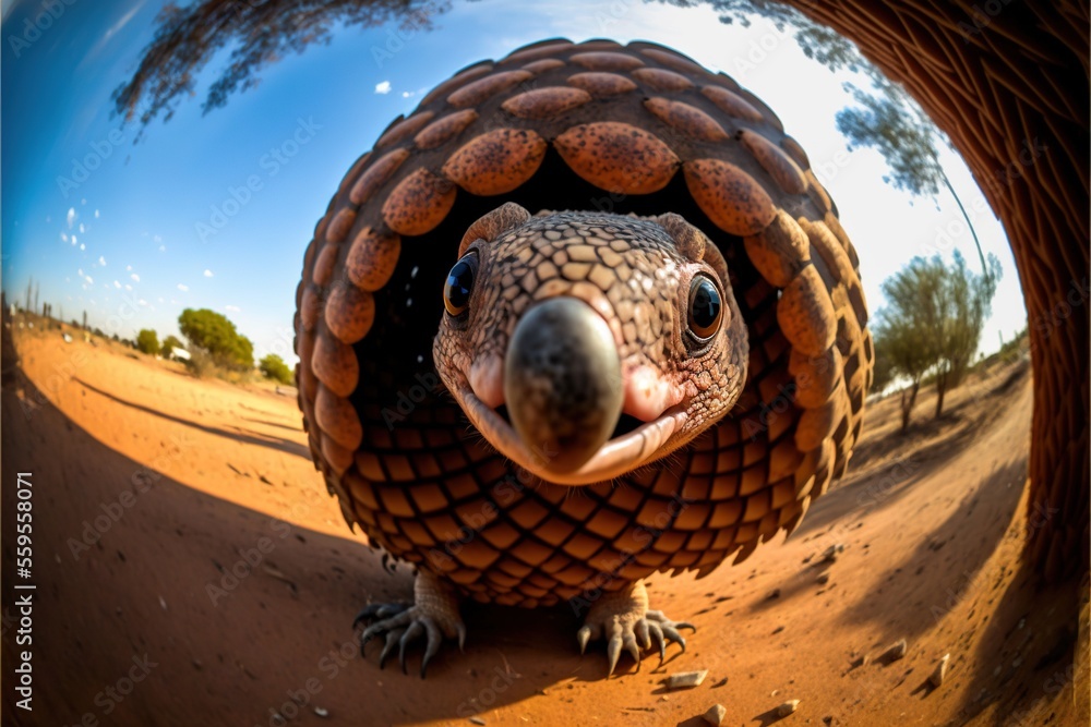 Poster a large animal with a big head and a big nose in the desert with a tree in the background and a blue
