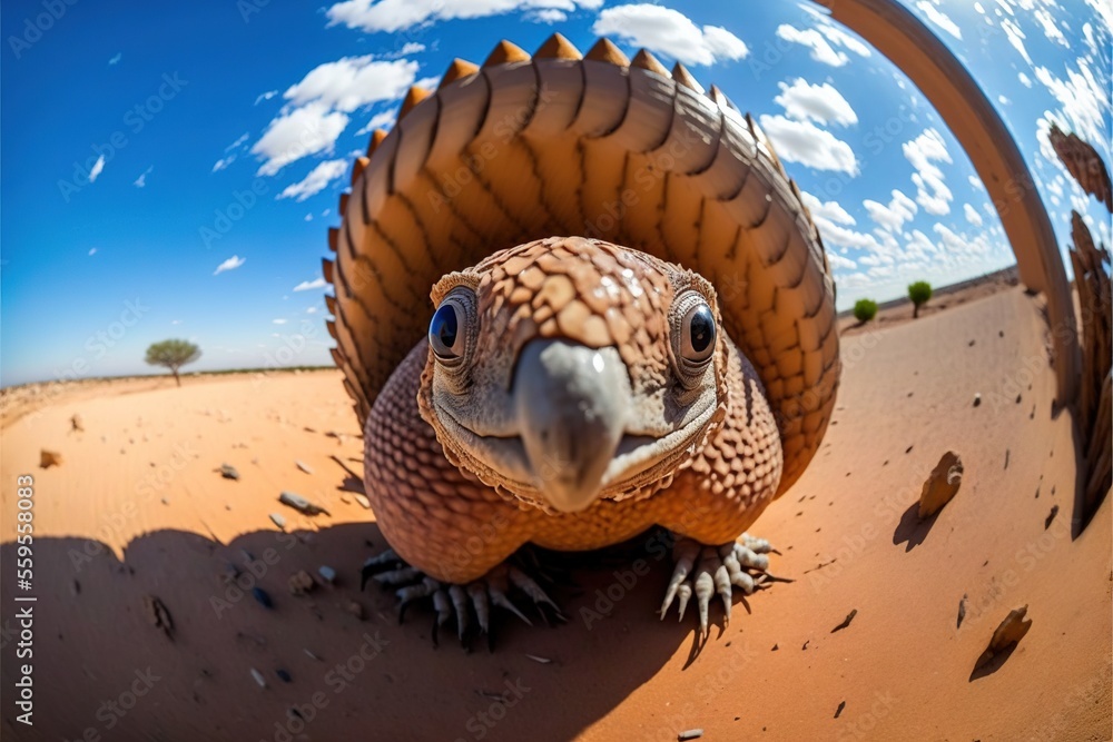 Poster a large lizard with a big head in the desert with a sky background and clouds in the sky above it, a