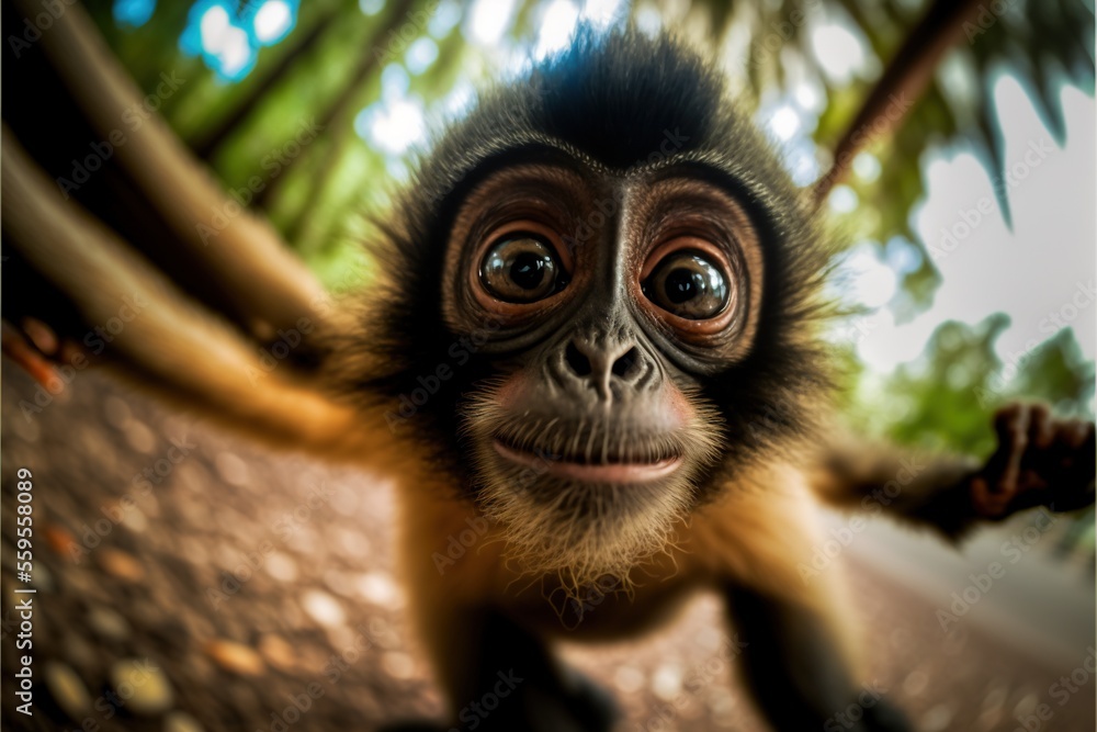Poster a monkey with a long tail and a surprised look on its face, standing on a tree branch with its mouth