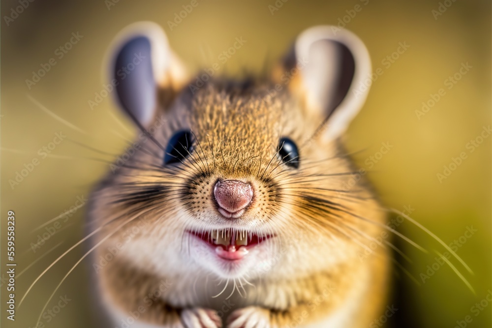 Poster a close up of a mouse with a toothy grin on its face and mouth open and a toothy grin on its face, w