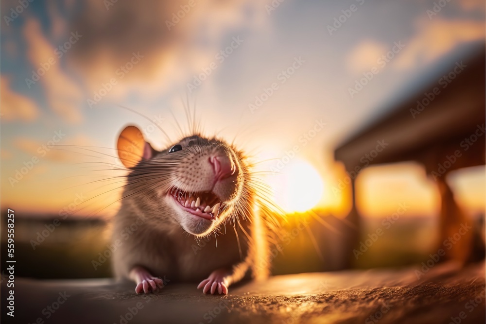 Poster a rat is sitting on a table and smiling at the camera with the sun in the background and a building 