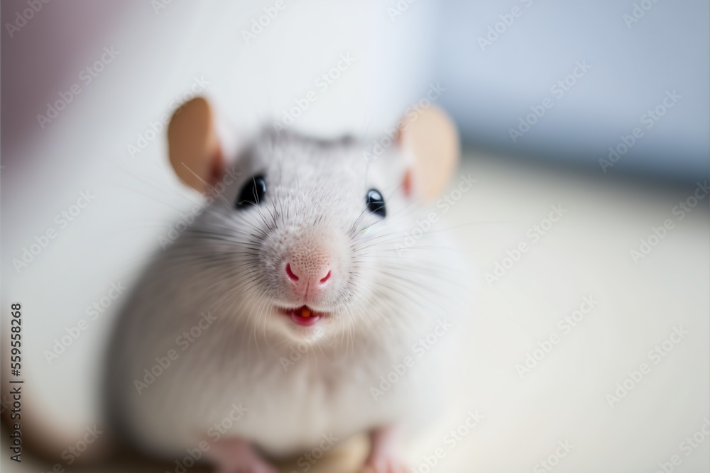 Poster a white rat with a brown nose and ears sitting on a table looking at the camera with a smile on its 