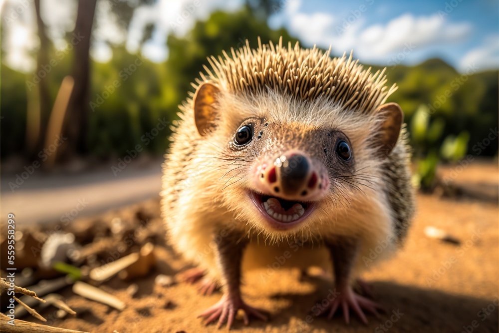 Poster a hedgehog is standing on the ground and smiling at the camera with a blue sky in the background and