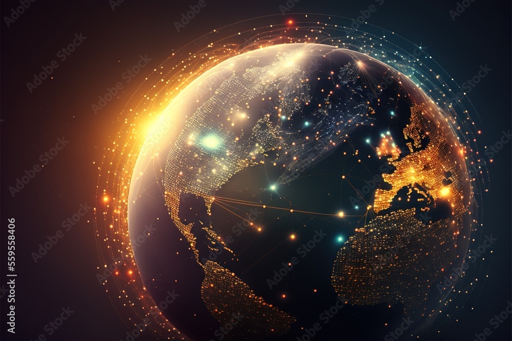 Poster a glowing earth with a network of lights around it and a dark background with a yellow glow on the t
