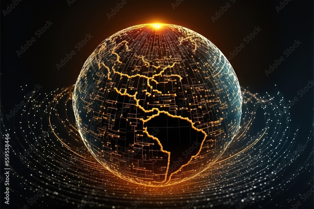 Poster a globe with a glowing map of africa on it's side and a glowing light around it in the middle of the