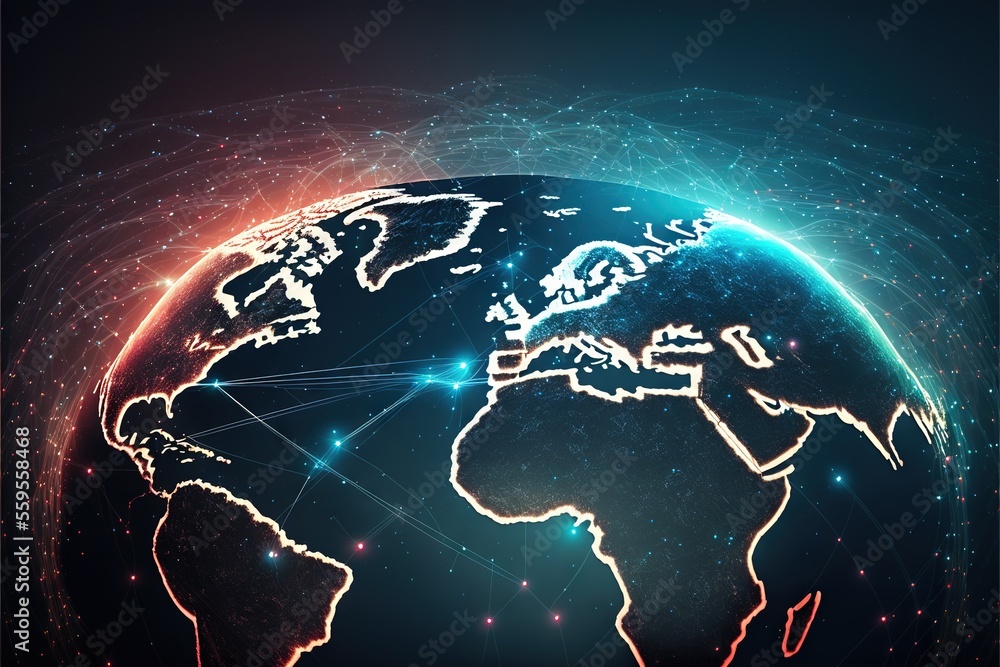 Poster a stylized image of the earth with a network of lights around it and a blue background with stars an