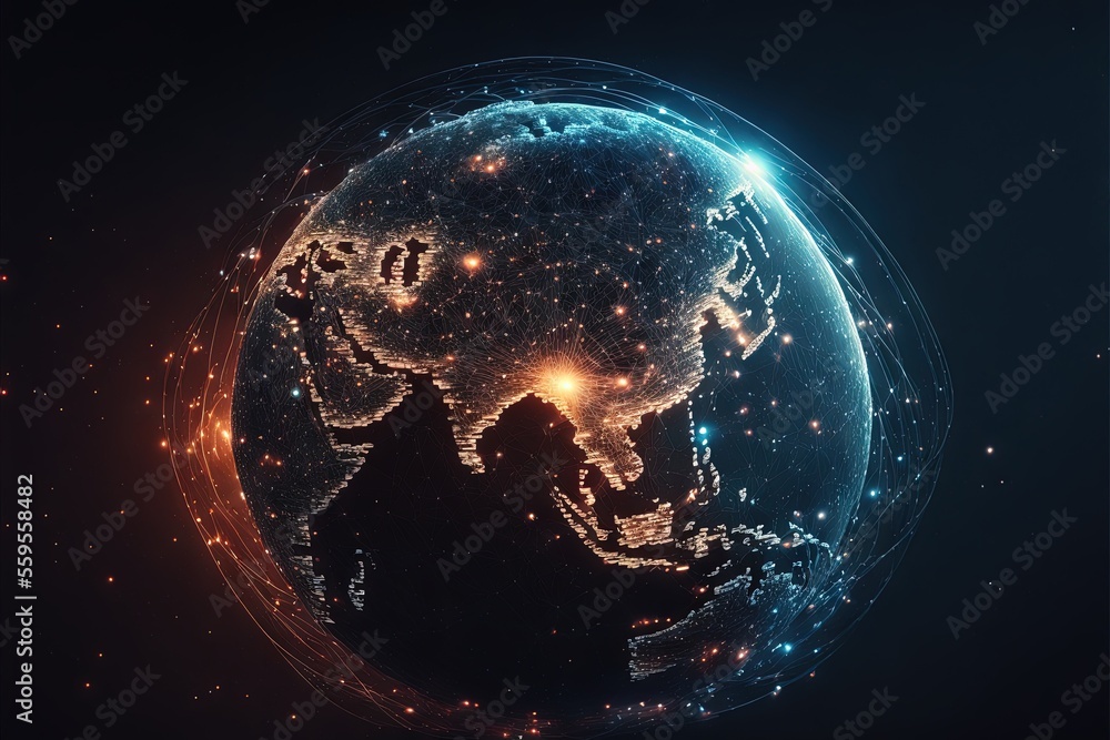 Poster a glowing globe with a dark background and stars around it, with a black background and a blue backg