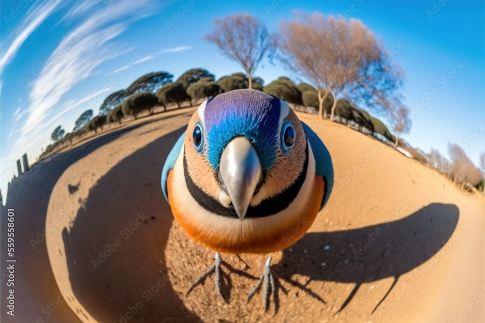 Poster a bird is standing on a sandy surface with trees in the background and a blue sky with clouds in the