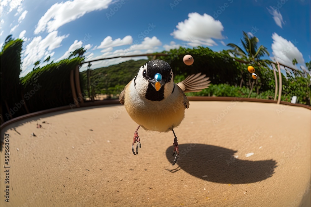 Poster a bird is standing on a ledge with its wings spread out and its eyes are open and a ball is in the a