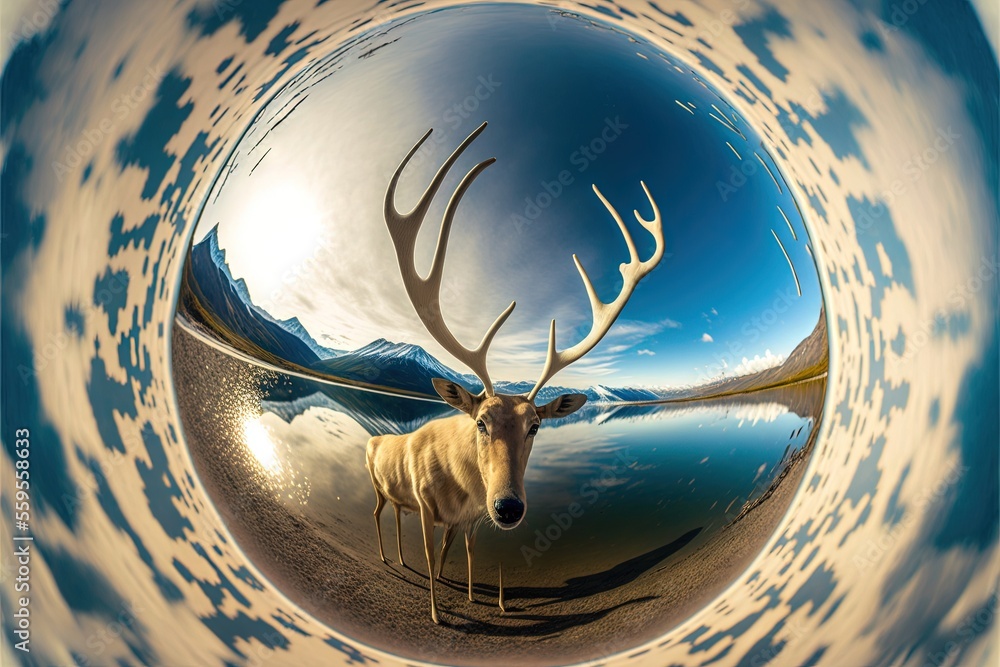 Poster a picture of a deer in a mirror with a sky background and clouds in the background and a reflection 
