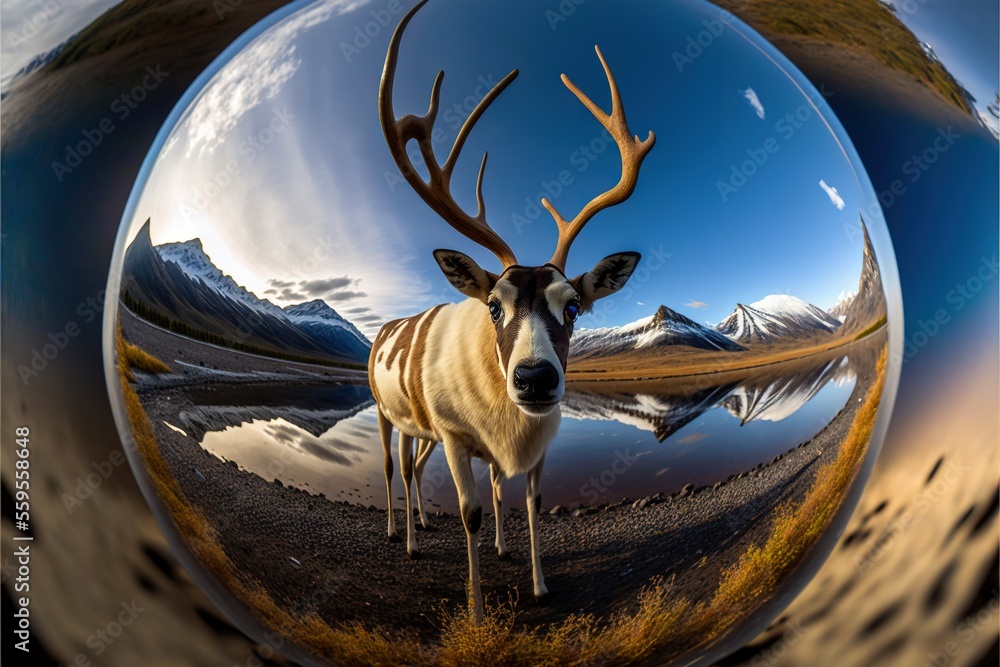 Poster a deer is standing in a field with mountains in the background and a mirror ball in the foreground s