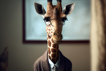 Portrait of giraffe in a business suit, at the office, generative ai