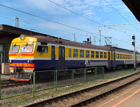 Riga, Latvia - May 21, 2019: A suburban electric RVR ER2 passenger train at a station platform in Riga, Latvia.