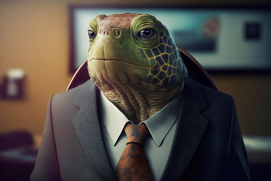 Portrait of turtle in a business suit, at the office, generative ai