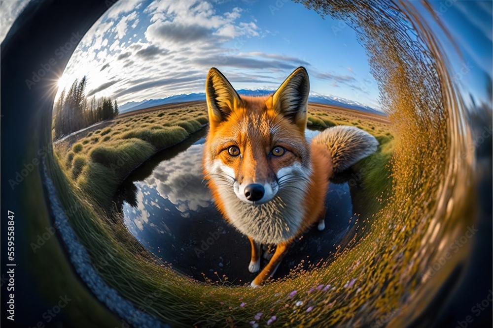 Poster a fox is seen through a fish eye lens in a field of grass and flowers, with a sky background and clo