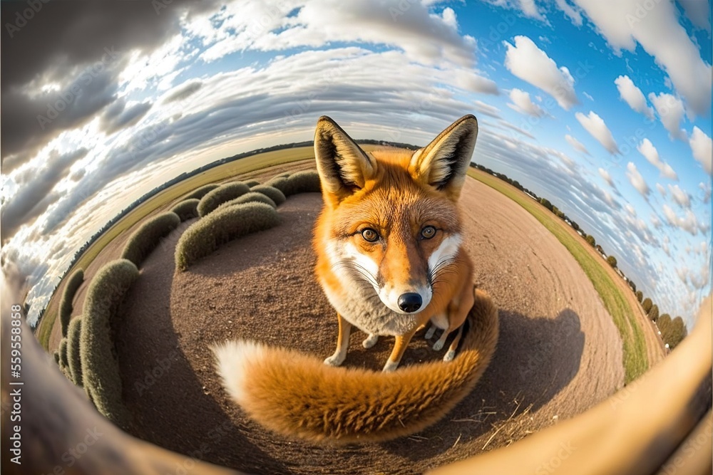 Poster a fox is sitting in a round hole looking at the camera with a sky background and clouds in the backg