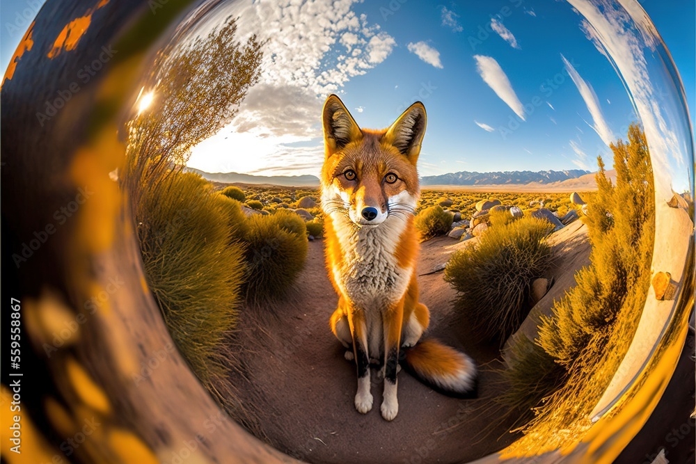 Poster a fox is sitting on a dirt path in a mirror ball looking at the camera with a sky background and clo