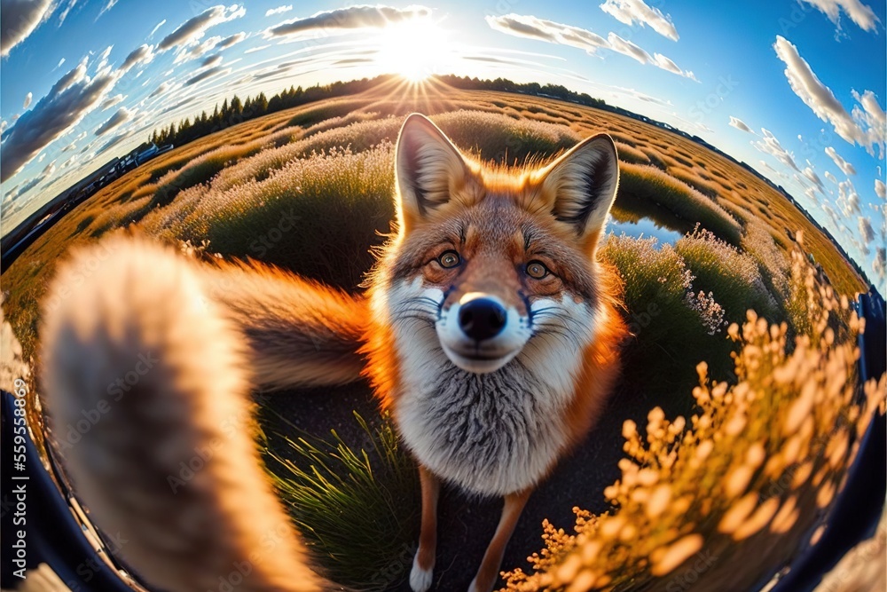 Poster a fox is looking at the camera while standing in a field of grass and flowers with the sun shining t