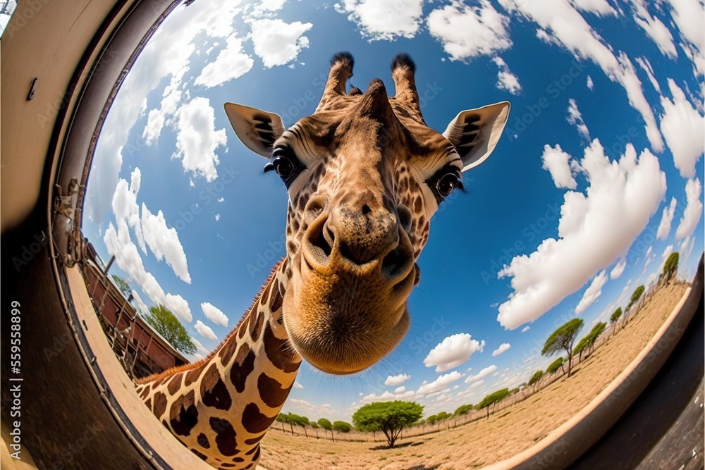Poster a giraffe is seen through a fish eye lens in a zoo enclosure, with a sky background and clouds in th