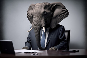 Portrait of elephant in a business suit, at the office, generative ai