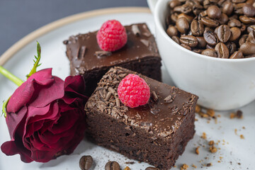 cup of coffee and chocolate cake, brownie