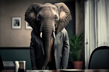 Fototapeta premium Portrait of elephant in a business suit, at the office, generative ai
