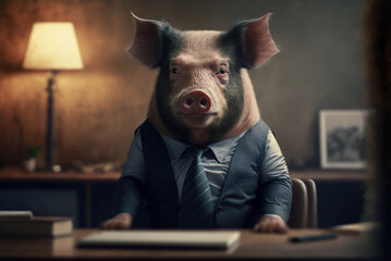 Portrait of Pig in a business suit, at the office, generative ai